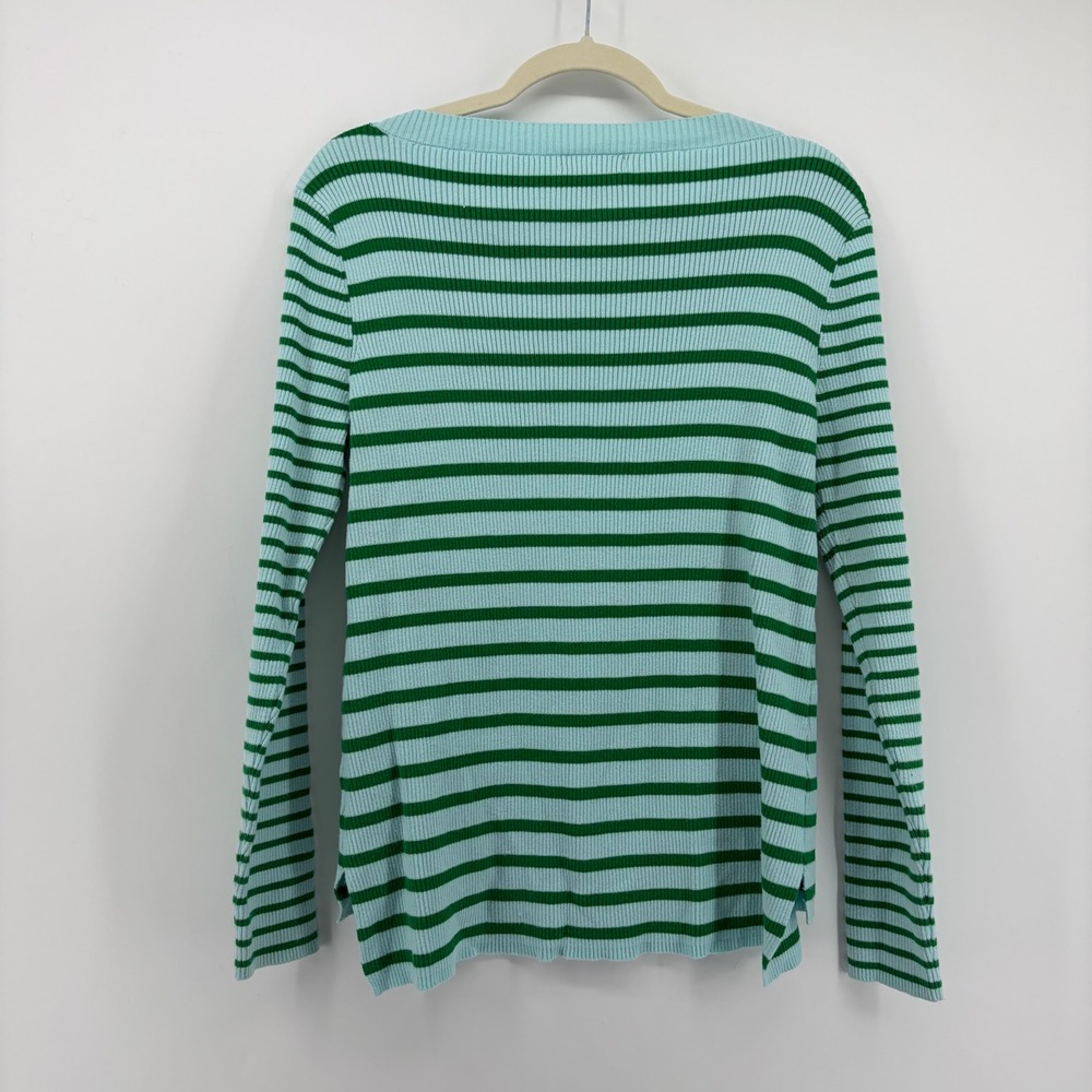 Liz Claiborne Womens L Blue Green Striped Sweater Ribbed Boat Neck Long Sleeve - Picture 2 of 5